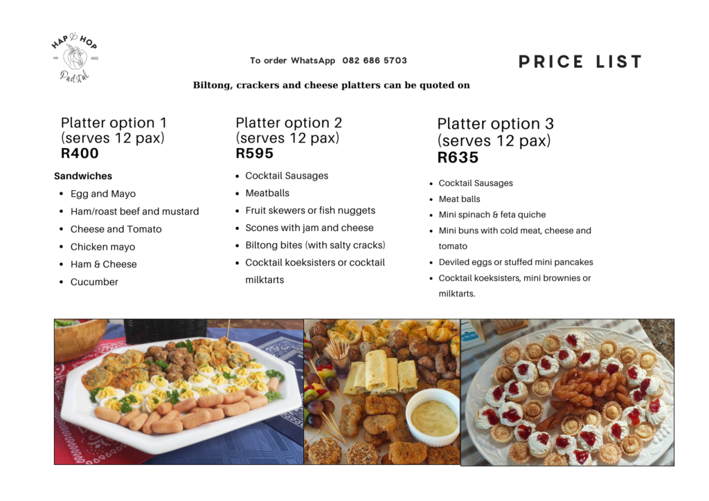 Price list of a selection of platters offered by Hap & Hop Padstal