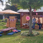 Festive scene at Hap & Hop Padstal with pink decorations, a picnic table and blue cushions on the lawn