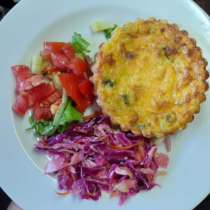 spinach and feta quiche with a mixed salad and red cole slaw made by Hap & Hop Padstal