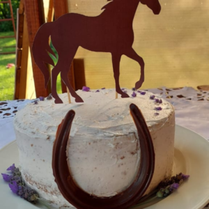 Birthday cake with horse and horsehoe detail with lavender baked by Hap & Hop Padstal